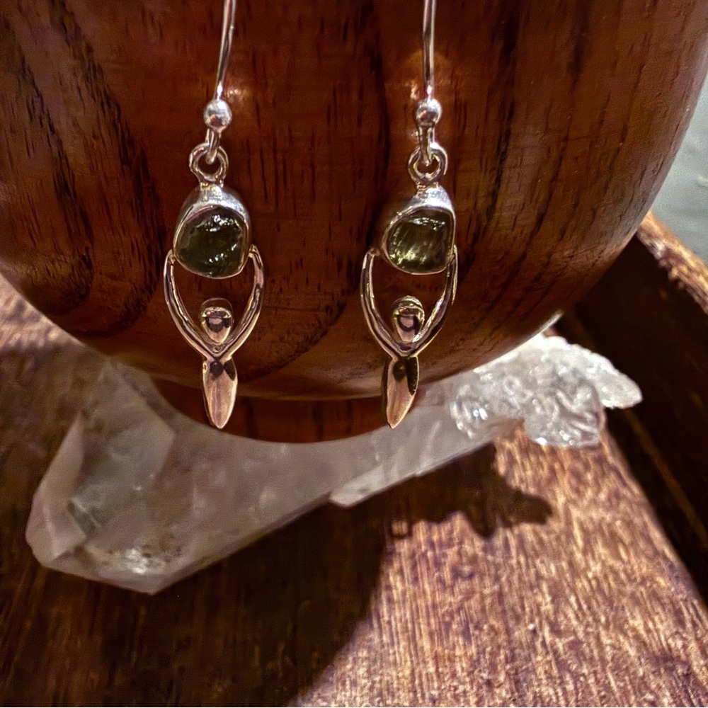 Genuine Czech Moldevite Goddess Earrings .925 Silver